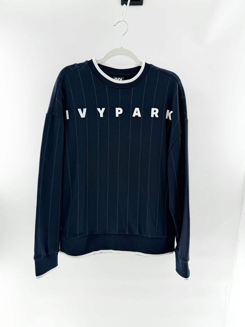 Ivy Park Striped Long Sleeve Crew Neck Overzied Sweatshirt Navy Blue Women's S